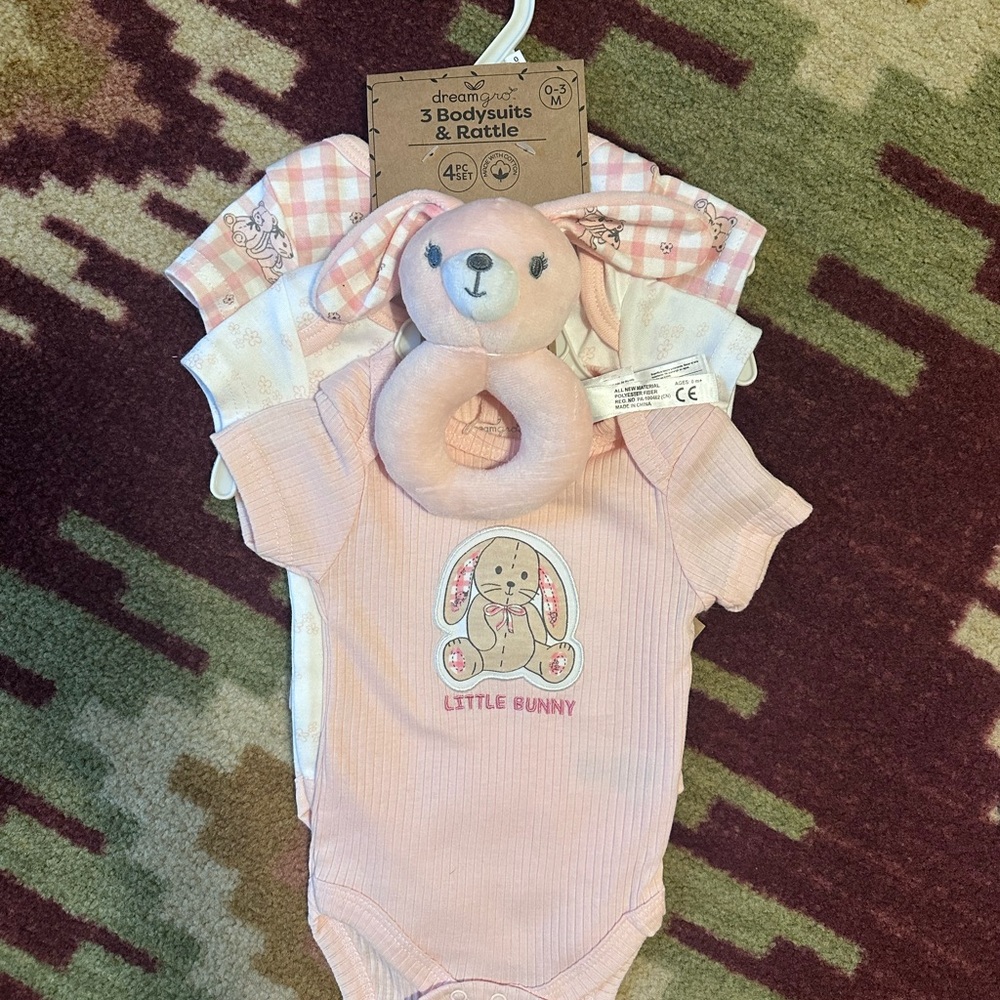 Pink Little Bunny Bodysuit Set with Rattle and pink pajamas